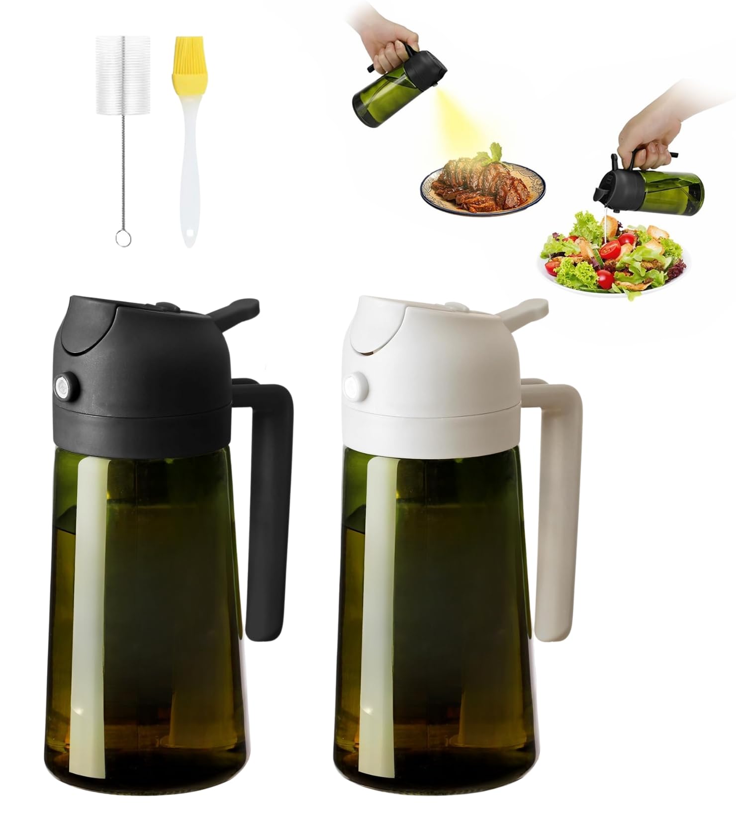 2 Pezzi Spruzzatore Olio 2 in 1 da 470ml,Bottiglia Olio in Vetro per Cucina,Oliera Spray,Spruzzino,Dosatore,Nebulizzatore,Dispenser per Olio d’Oliva,con Vetro Scuro Anti-UV, Insalata,Griglia,Barbecue
