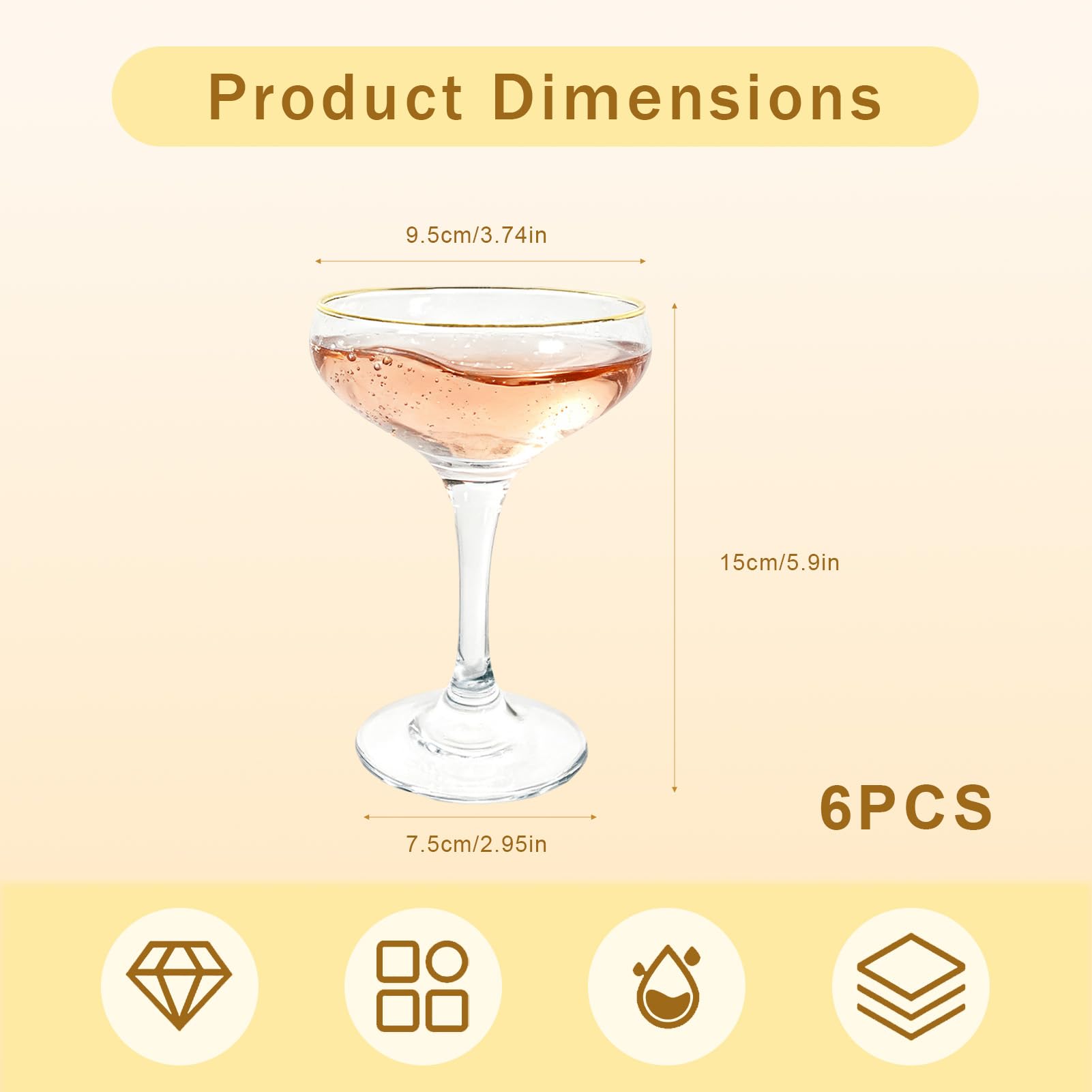 MYKAGS Lot de 6 verres à martini à cocktail, 235 ml, verre à champagne, gin tonic, cosmopolitan, manhattan, tequila, bar, mixologie fantaisie, etc., verres à angle moderne, passe au lave-vaisselle