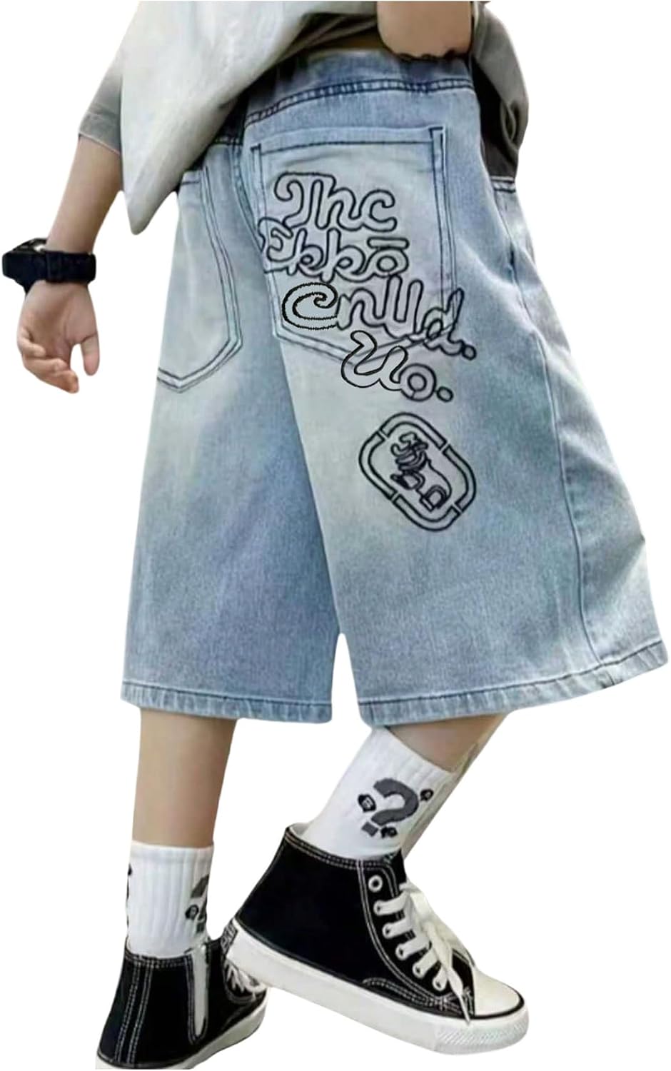 VIPWOLF Boy's Baggy Jorts Graphic Y2k Wide Leg Streetwear Capri Jean Shorts | Elastic Waistband, Loose Oversized Fit, Washed Denim Fabric, Vintage Summer Casual Long Shorts