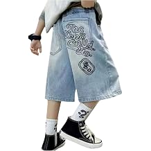 VIPWOLF Boy's Baggy Jorts Graphic Y2k Wide Leg Streetwear Capri Jean Shorts