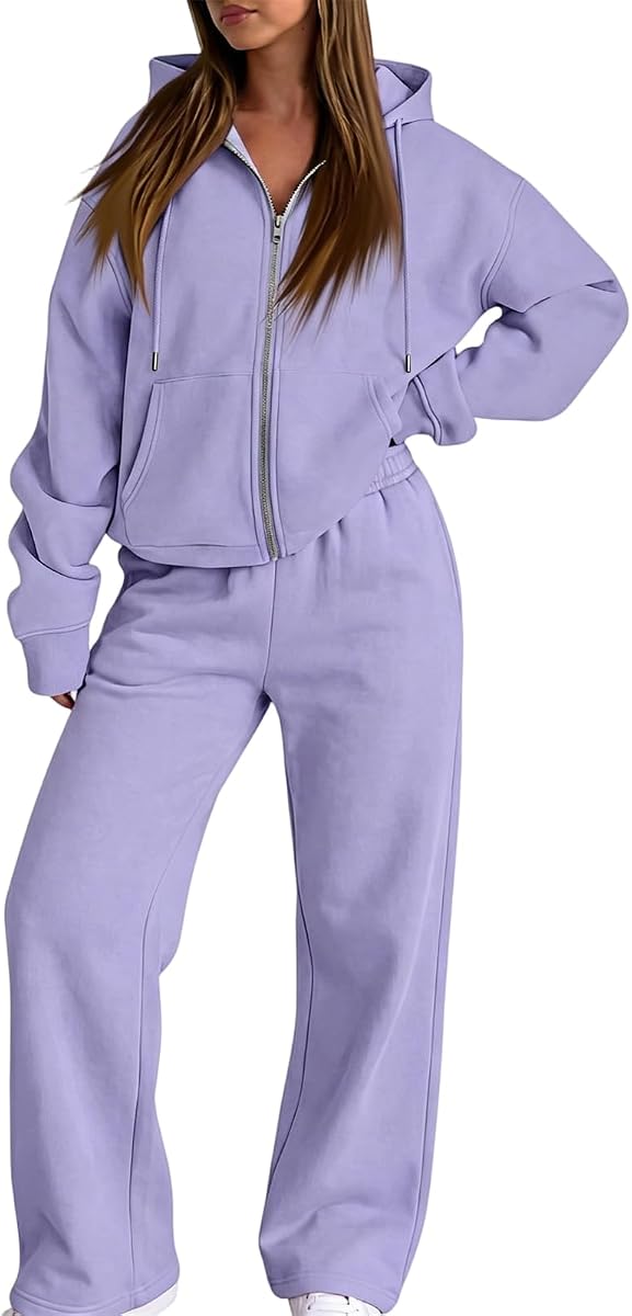 Women's 2 Piece Tracksuit Fall Fashion Long Sleeve Zip Up Cropped Hoodie Wide Leg Pants Casual Sweatsuit Sets