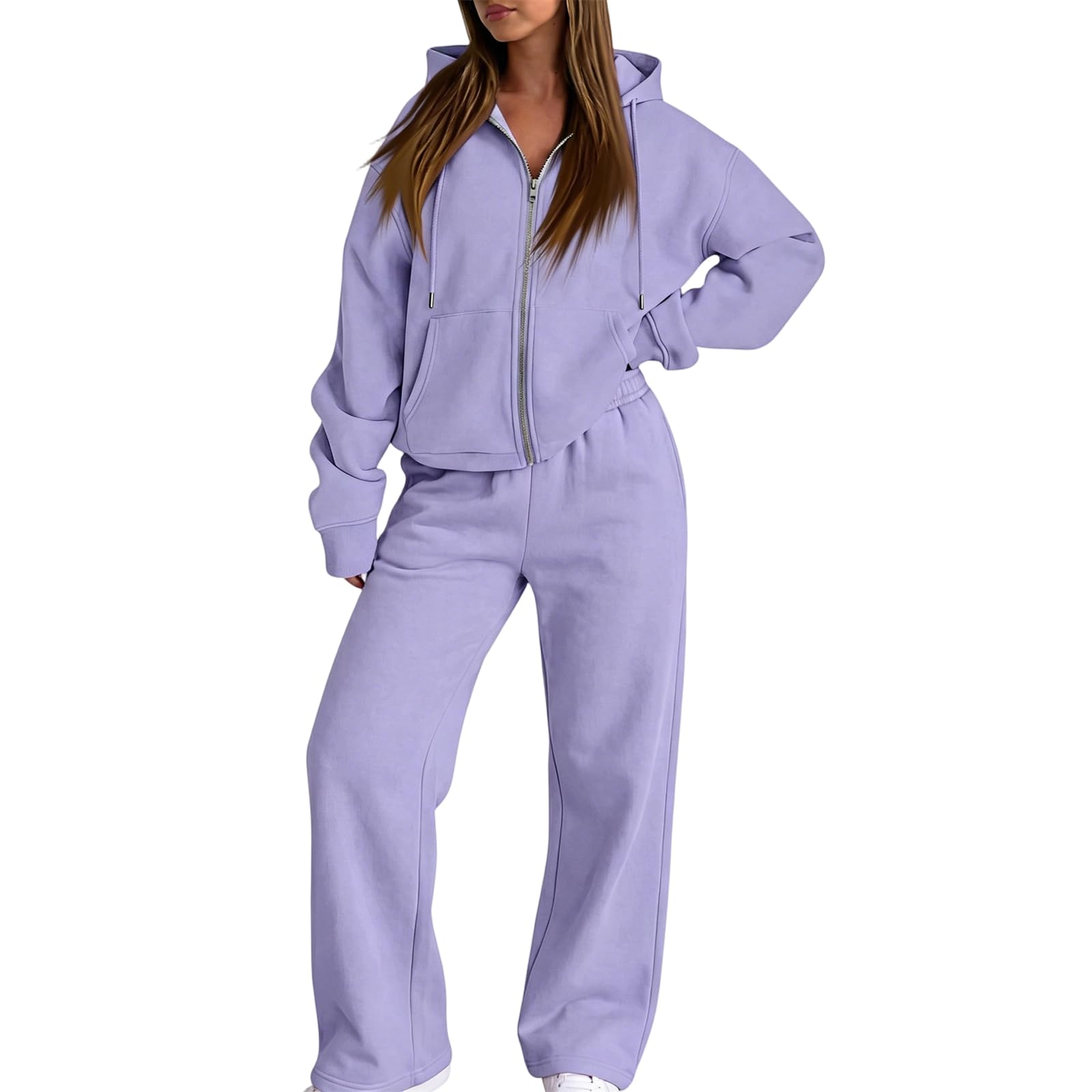 Women's 2 Piece Tracksuit Fall Fashion Long Sleeve Zip Up Cropped Hoodie Wide Leg Pants Casual Sweatsuit Sets