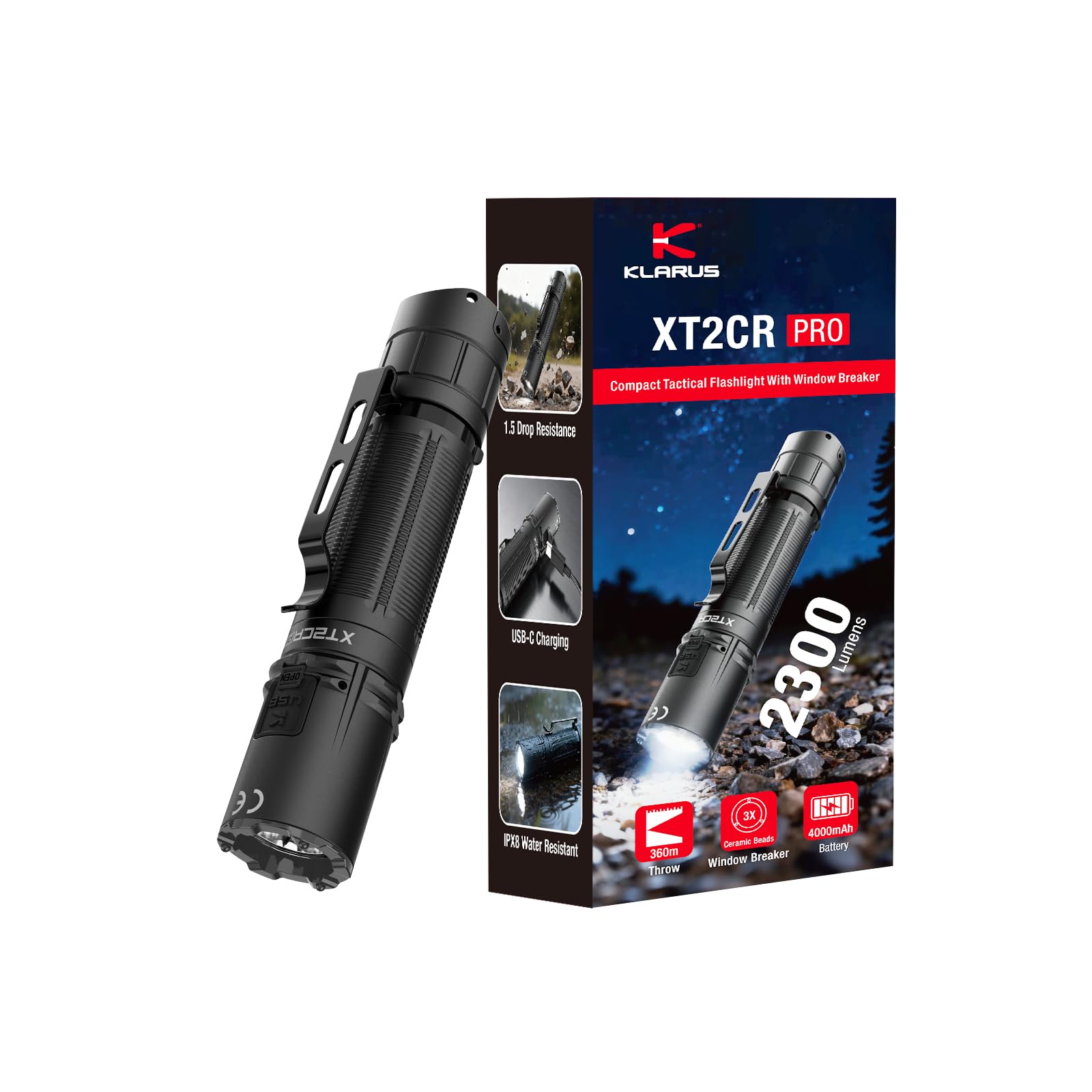 klarus XT2CR PRO Taktische Taschenlampe – 2300 Lumen, 360 m Leuchtweite, reinweiße LED, USB-C-aufladbar, IPX8 wasserdicht, 72,5 Stunden Laufzeit, Doppelschalter am Lampenende