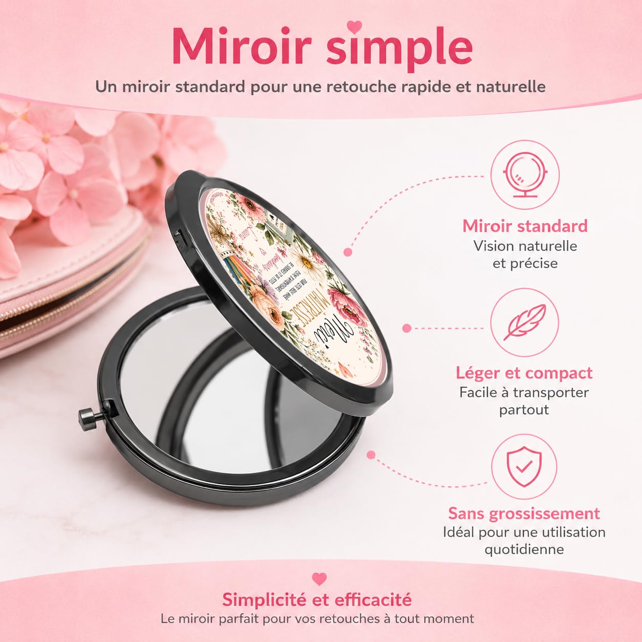 Miroir de Poche Merci Maîtresse Personnalisé – Cadeau Maîtresse Fleuri Fin d'Année Scolaire – Cadeau Institutrice avec Prénom – Miroir Compact Femme