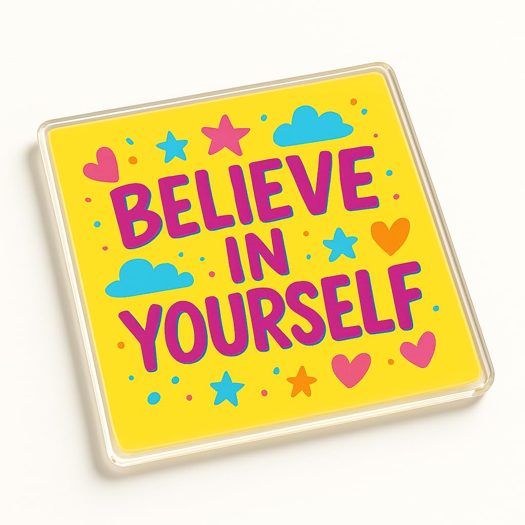 The Plum Penguin Vibrant Belief Vibrant Acrylic Coaster Gift - Unique Doodle-Inspired Design With Motivational Message 'Believe In Yourself'