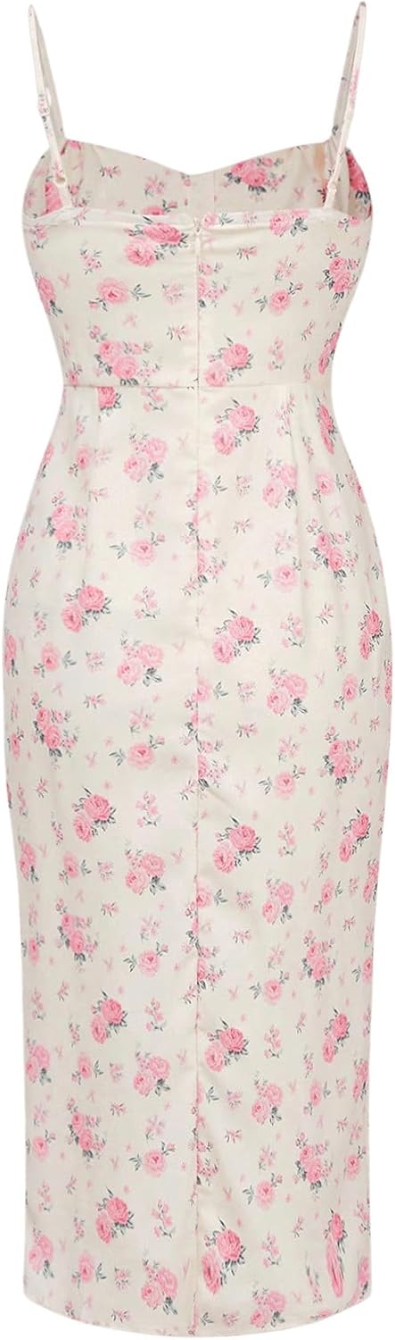 SHENHE Girl's Floral Split Thigh Ruched Spaghetti Strap Summer Cute Long Cami Dress - Image 3