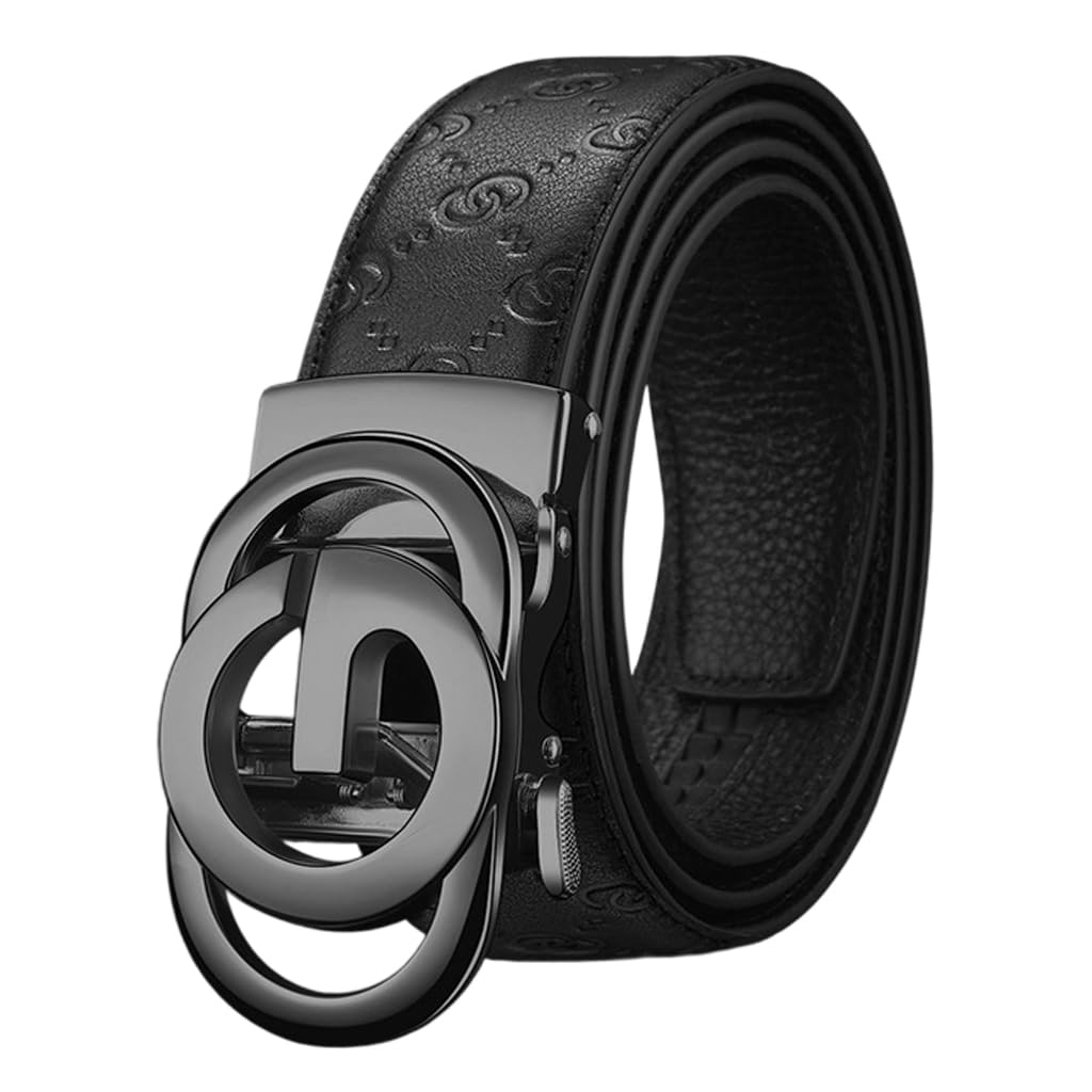 Leather Belt for Men Formal Belts for Man, Mens Fashion Casual Business Black Belt for Men Jeans, Auto-Lock Gold Metal Buckle, 130cm/51'' Length, No Punch Hole-image-14
