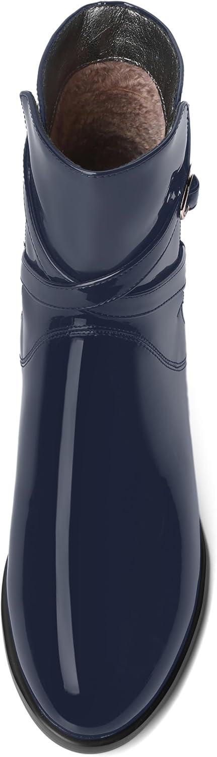 MODENCOCO Womens Slip On Comfortable Patent Casual Dating Round Toe Chunky Low Heel Ankle High Boots 2 Inch