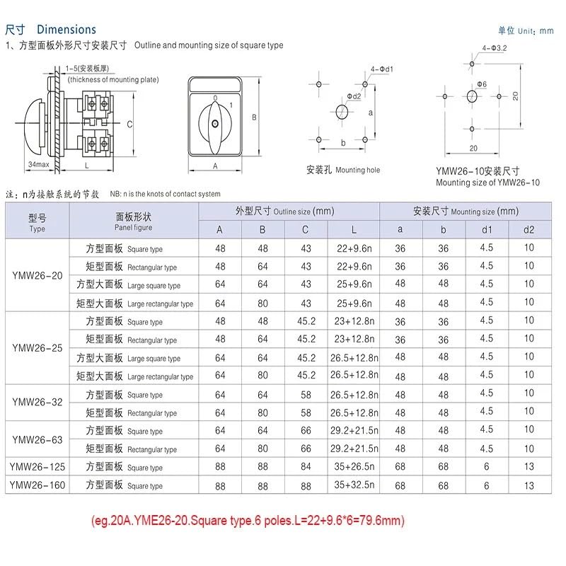 LW26-20/6 Rotary Cam Switch 20A Twelve-Gear 12 Positions Six-Secti