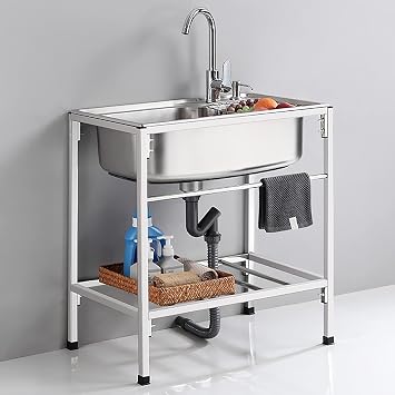 Utility Sink Restaurant Commercial Kitchen Sink Freestanding Stainless Steel Single Bowl Hand Wash Outdoor Sink with Faucet for Garage, Laundry,72cm
