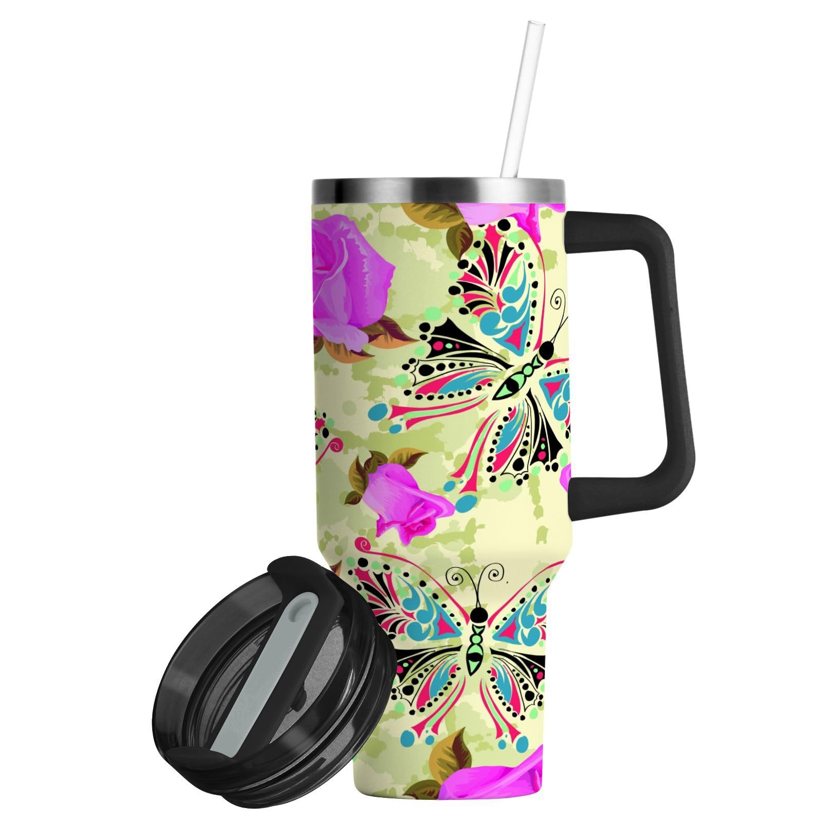 Isolierter Becher mit Blumenmotiv und Schmetterling, doppelwandig, Edelstahl, Wasserflasche, Kaffeetasse, Reisebecher mit Griff, Strohhalm-Deckel