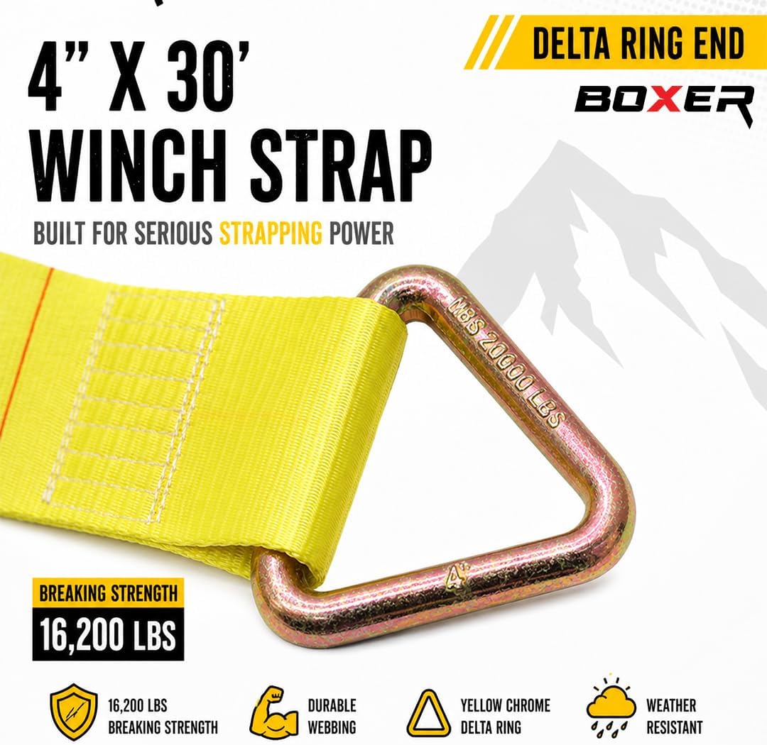 BoxerTool (2 Pack) 4" x 30' Heavy Duty Winch Strap Delta Ring Tie Down- DOT Compliant - Cargo Control for Flatbed Trucks, Utility Trailer