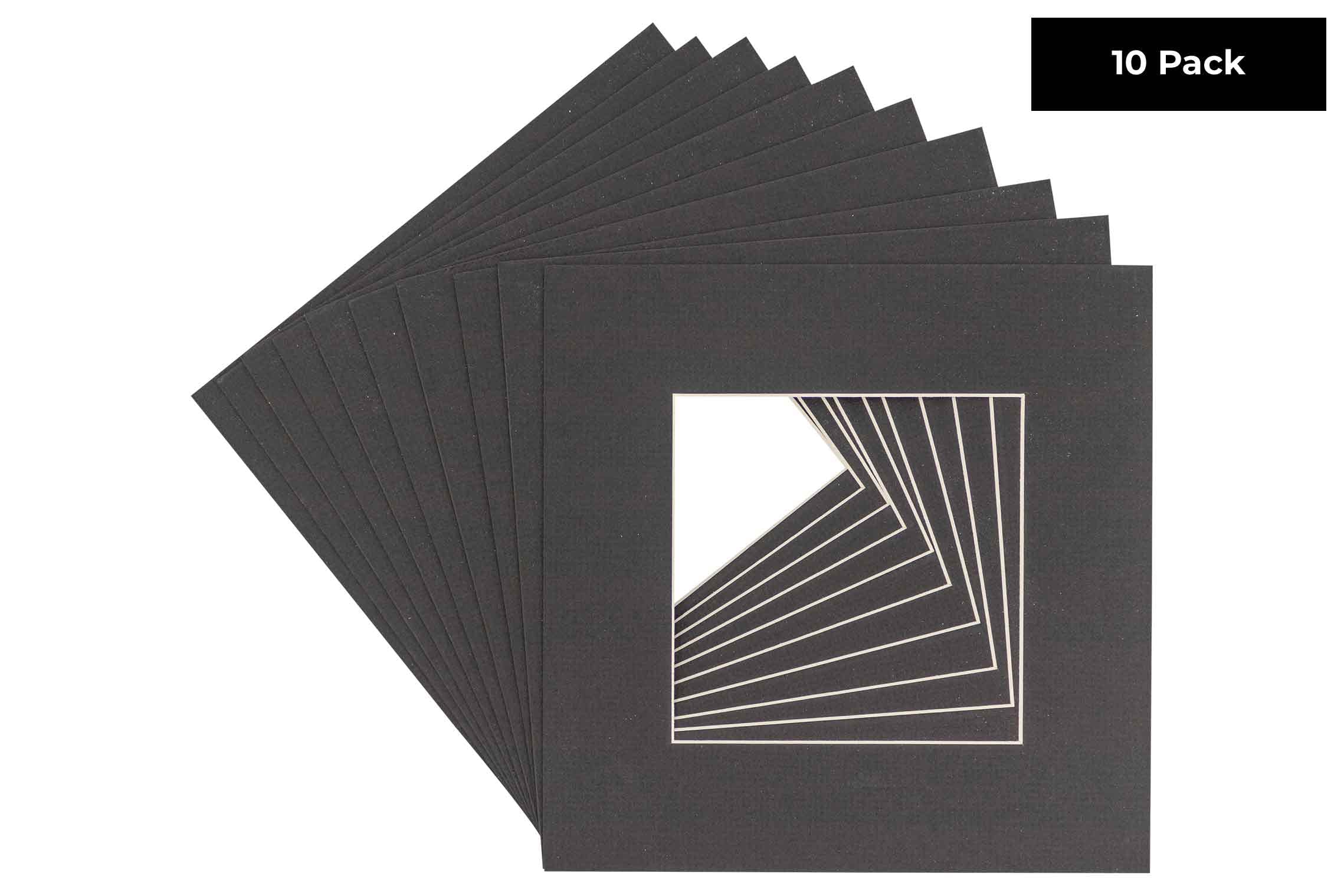 Textured Black Acid Free 10x10 Square Picture Frame Mat with White Core Bevel Cut for 6x6 Pictures - Fits 10x10 Frame - Pack of 10 Matboard Show Kits With Acid Free Backings & Clear Bags