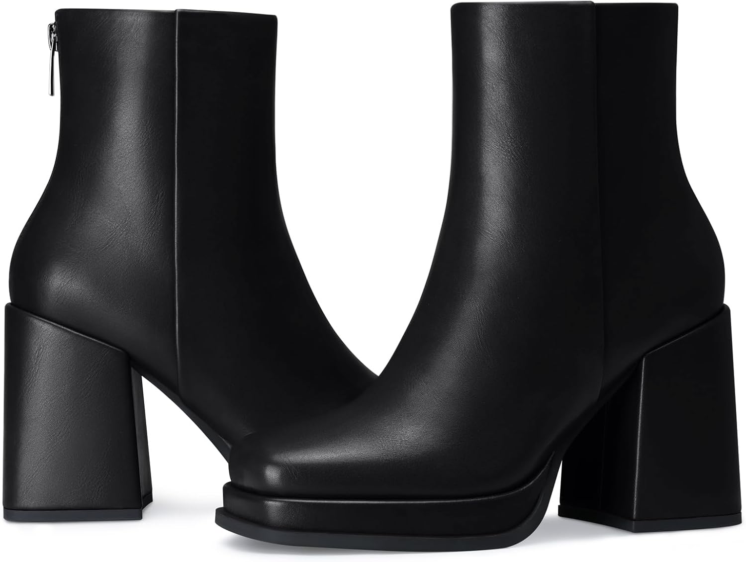 Women Platform Ankle Boots: Fashion Platform Boots - Black Leather Fall Ankle Boots - Chunky Heel Short Booties Womens Size 6 - Image 4