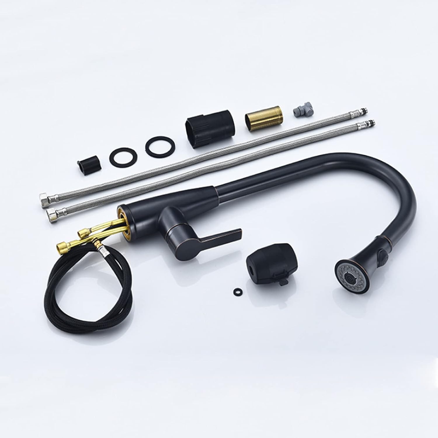 Black Kitchen Faucet with Pull Down Sprayer, Copper Single-Handle High Arc Single Hole Pull Out Kitchen Sink Faucet, Rotatable Hot and Cold Water Mixer Tap