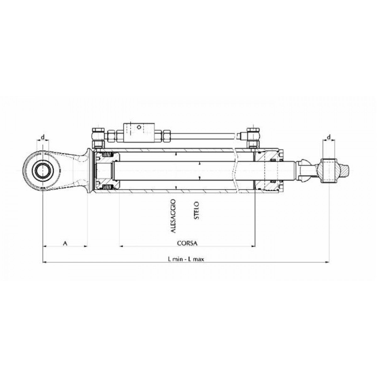 Ama Tercer punto hidráulico para tractores - Categoría I, longitud 530-810 mm, doble articulación y orificio 50 mm, fabricado en Italia