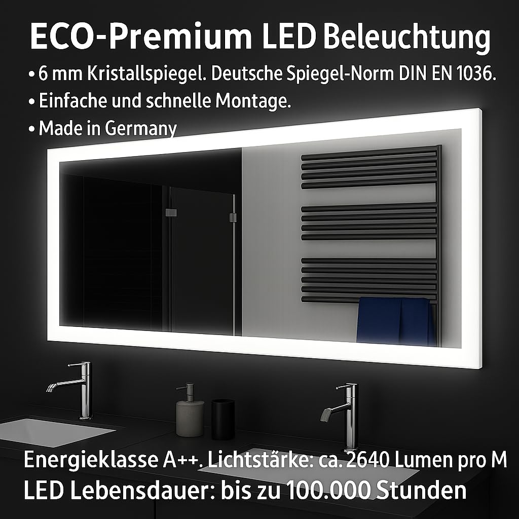 SARAR Badspiegel Spiegel Badezimmerspiegel mit rundum LED-Beleuchtung 80x70 cm Made in Germany eckiger Wandspiegel Mirror Spiegel Bad mit Licht auf Maß Sete