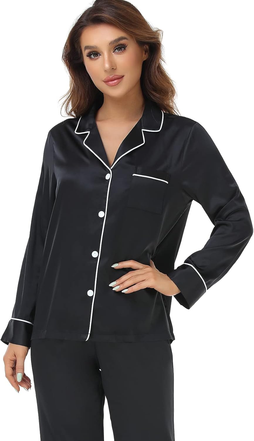Women's Satin Pajama Set Long Sleeve Button Down Sleepwear 2-Piece Silky Pj Set - Image 6