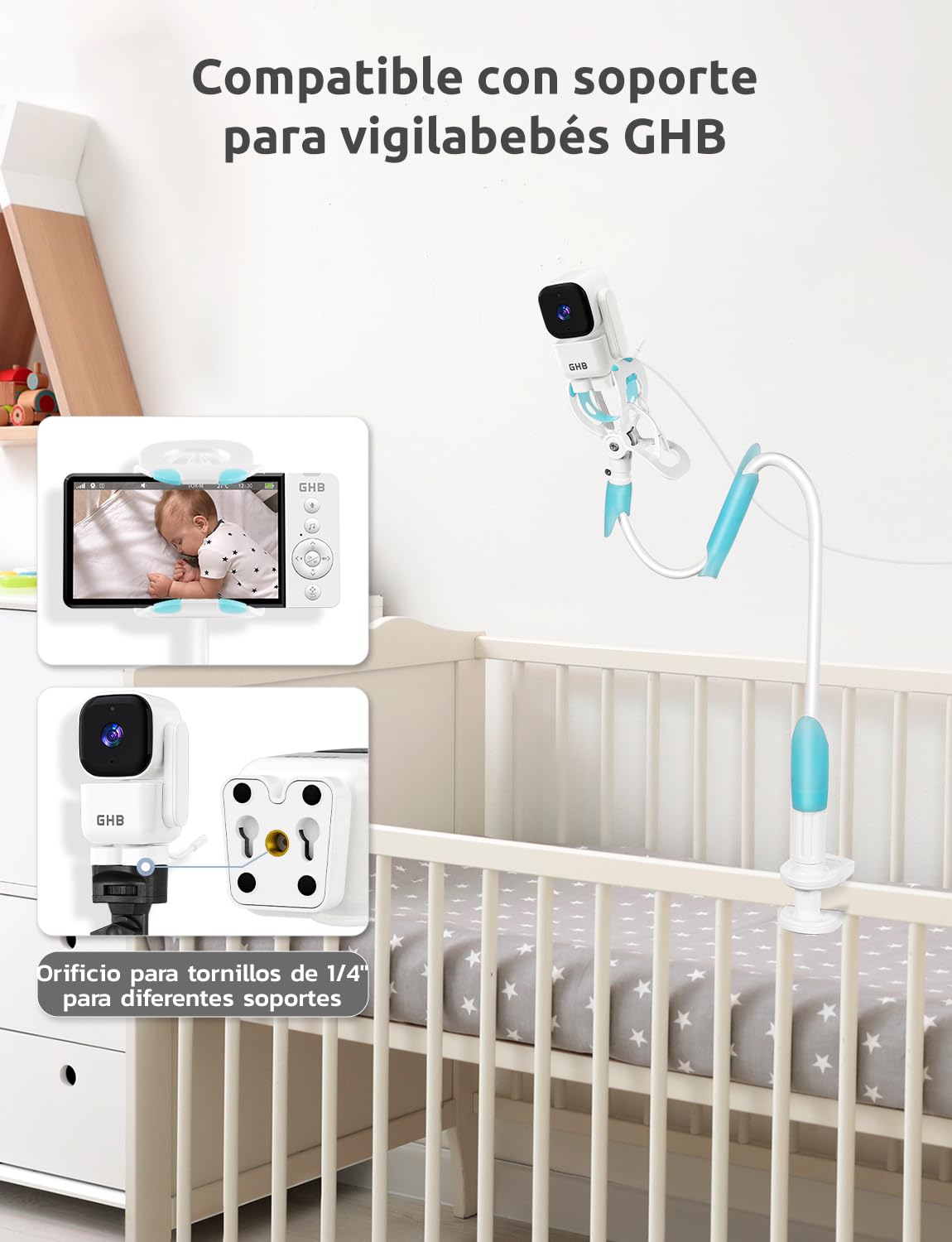 GHB Cámara de vigilancia para bebés de 5" con rotación de 350°, cámara de vigilancia para bebés con visión nocturna 720P, 2,4 GHz sin Wi-Fi, VOX, sensor de temperatura, comunicación bidireccional, 8