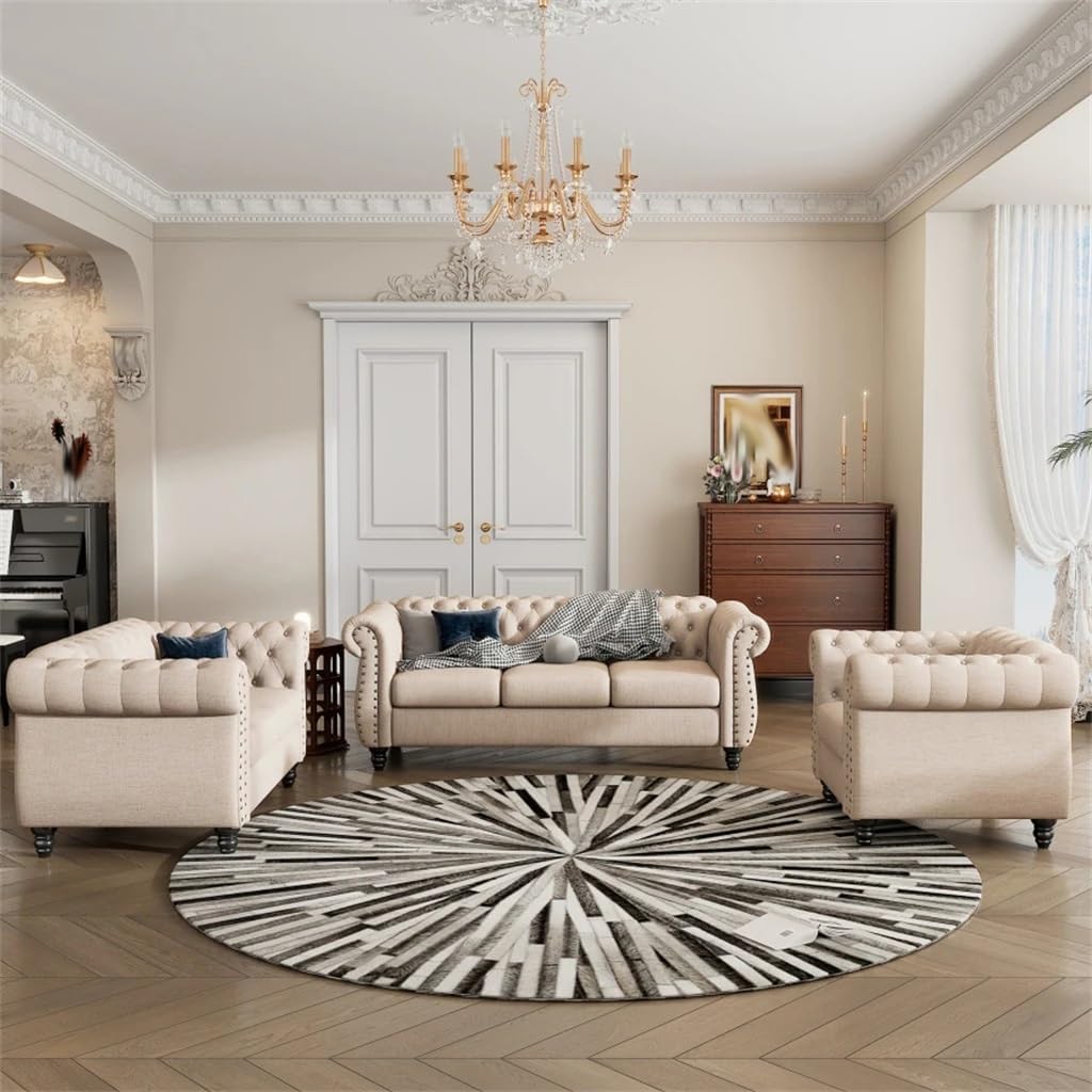 3-Piece Sofa Set,Upholstered Sofa with Solid Wood Legs,Button-Down Tufted Backrest