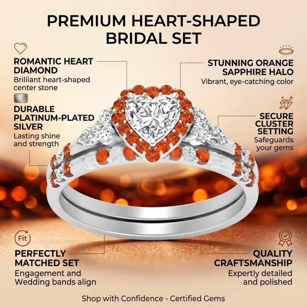 Choose Your Gemstone Halo Edwardian Wedding Ring and Band 925 Sterling Silver Heart Shape Wedding Ring Sets Matching Jewelry Easy to Wear Gifts US Size 4 to 12