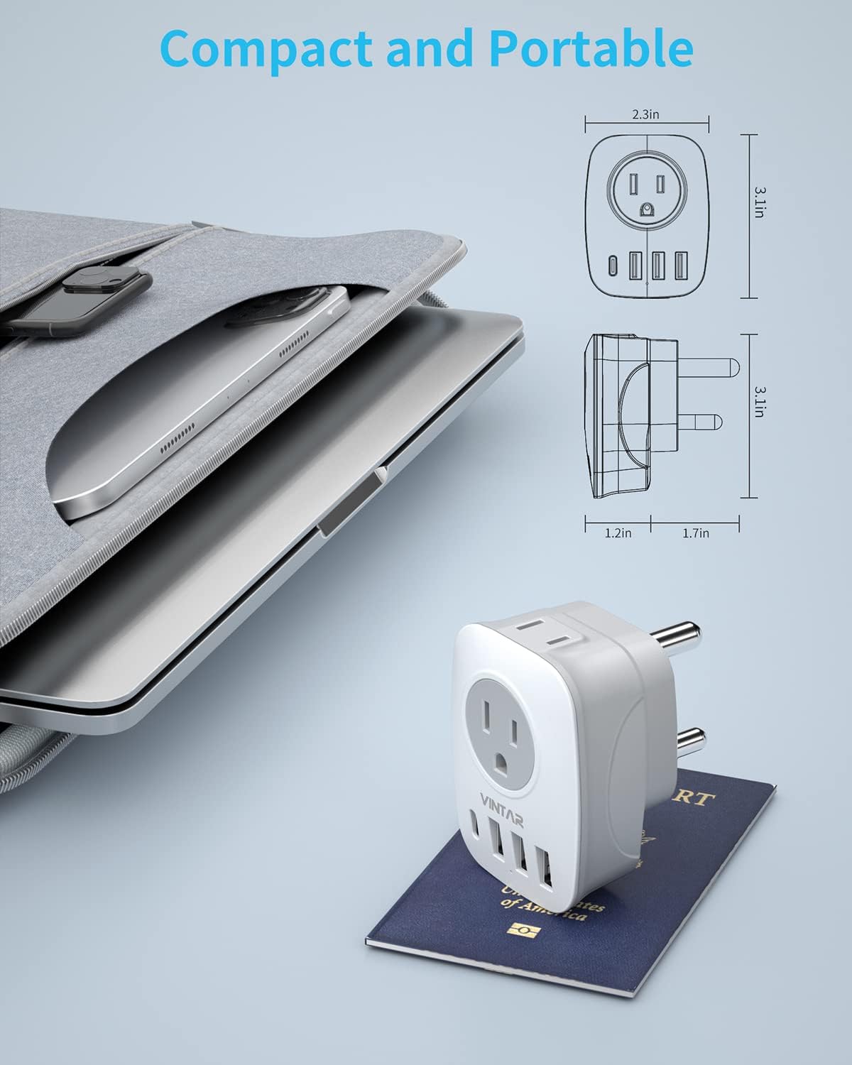South Africa Plug Adapter,VINTAR Type M Power Adapter with 1 USB C,2 American Outlets and 3 USB Ports,6 in 1 International Power Adapter for Canada to South Africa,Botswana,Namibia,Nepal(Type M) - Image 5