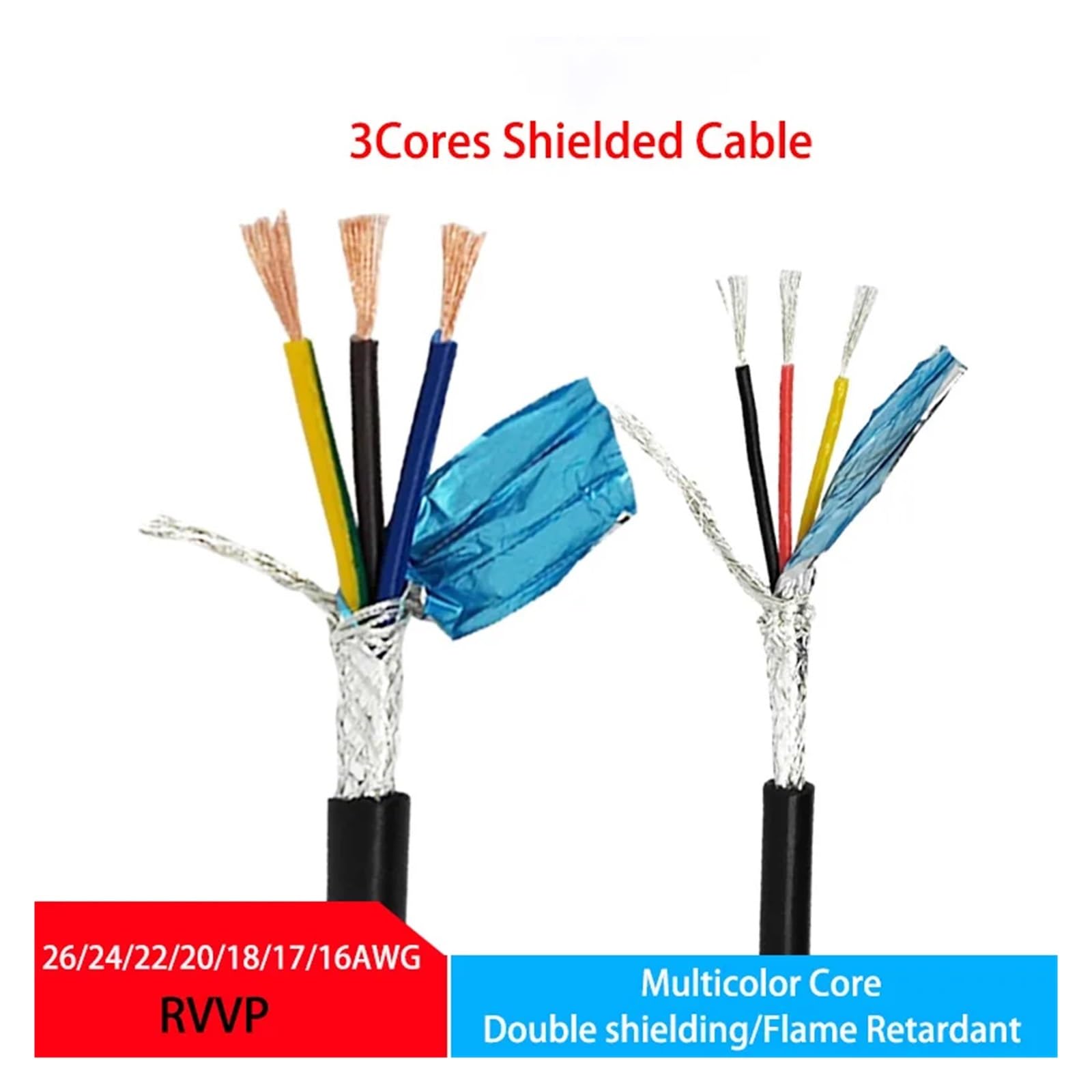 Cavo schermato a 3 conduttori 14-26 Filo di rame for segnali di controllo isolato in PVC(3CORES-22 AWG 0.3MM2,10 Meters)