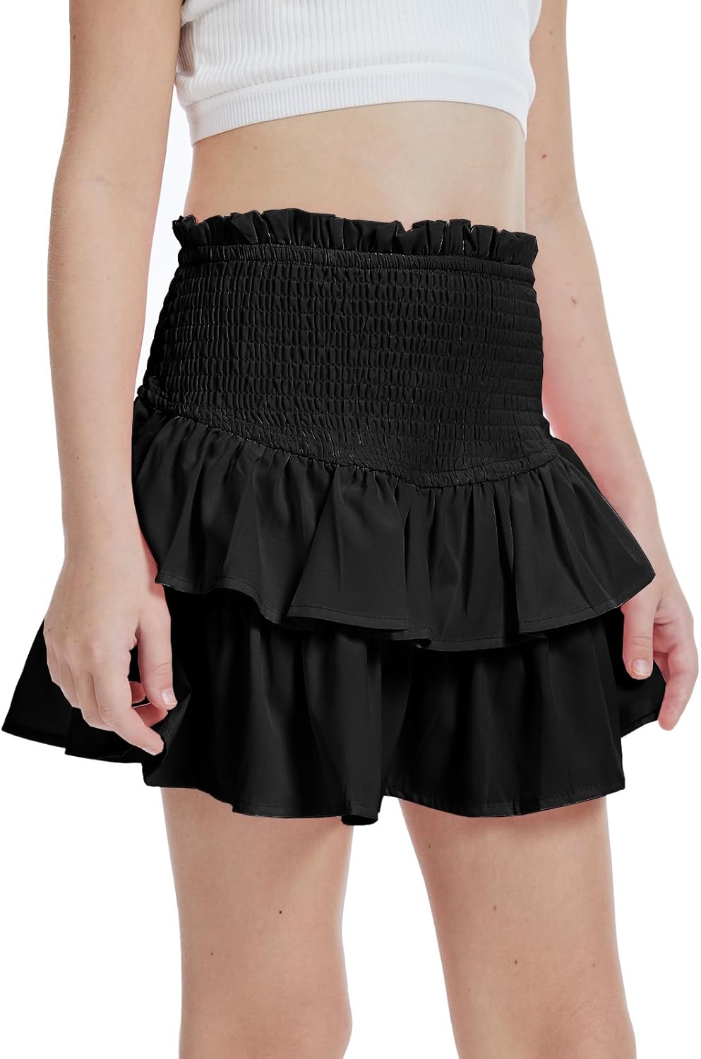 Girls Mini Skirts High Elastic Waisted Tiered Smocked Ruffle Skirt with Shorts US Size 4-15 - Image 3