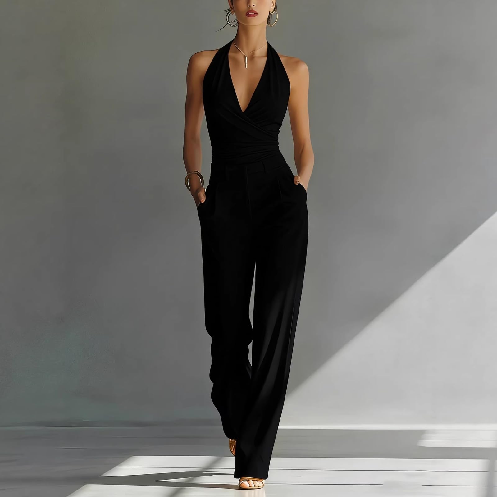 Jumpsuit Damen Elegant Für Hochzeit Overall Festlich Rückenfrei Neckholder Hosenanzug Business V Ausschnitt 2 Teilig Hosenanzüge Für Damen Hochzeitsgast Playsuit Party Ärmellos Romper Lang