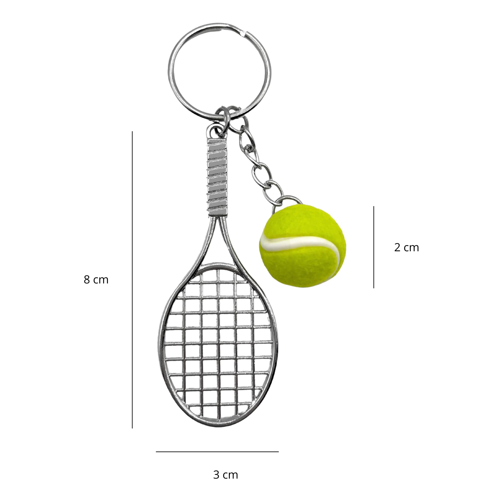 AUTOZOCO Llavero Plástico en Forma de Pelota de Tenis y Raqueta, Cuelga Llaves, Llavero para Tenista, Key chain Modelo Esférico, Detalle, Pelota 2 cm Diámetro x Raqueta 7.5 cm de Largo