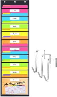 Godery Clear Storage Pocket Chart for Classroom & Office with 10 Nametag Pockets, 3 Overdoor Hangers Included, Hanging Wall File Organizer for File Folders, Assignments, Files, Scrapbook Papers & More