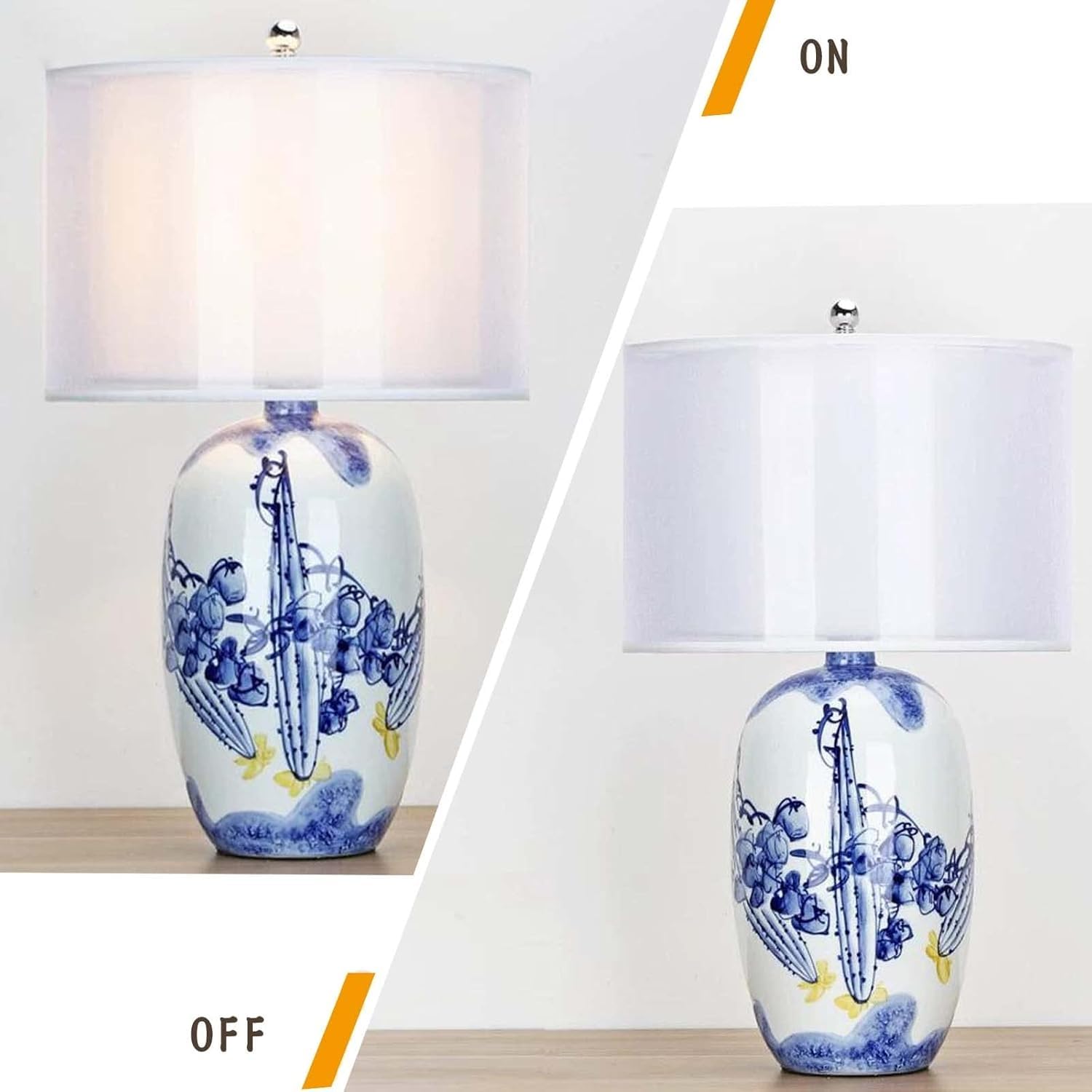 Lampada da tavolo moderna in ceramica, dipinta a mano, stile rurale con paralume in tessuto bianco sporco, comodino classico