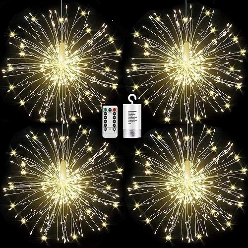 FOOING Led Lichter Feuerwerk 4 PACK 120LED Lichterkette 8 Modi Haengend mit Strom Batterie Weihnachtsdeko Weihnachtsbeleuchtung Fenster Außen