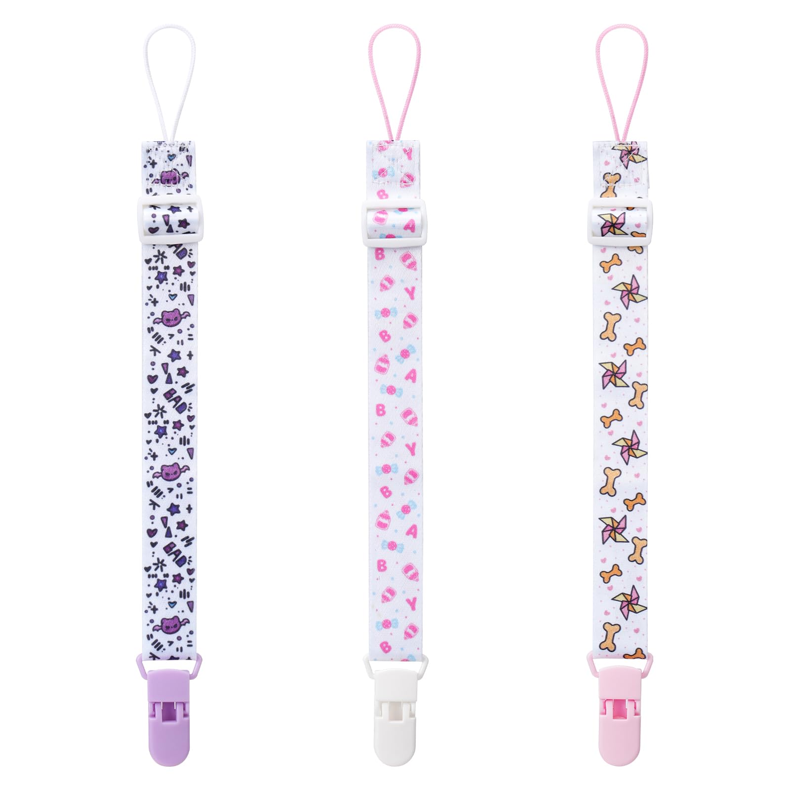 Somniumnight Cute Adult Size Clips: Long Size for Binky Pacifier - 3 Pack Set for Adults Only, White,Purple,Yellow,Pink, XL
