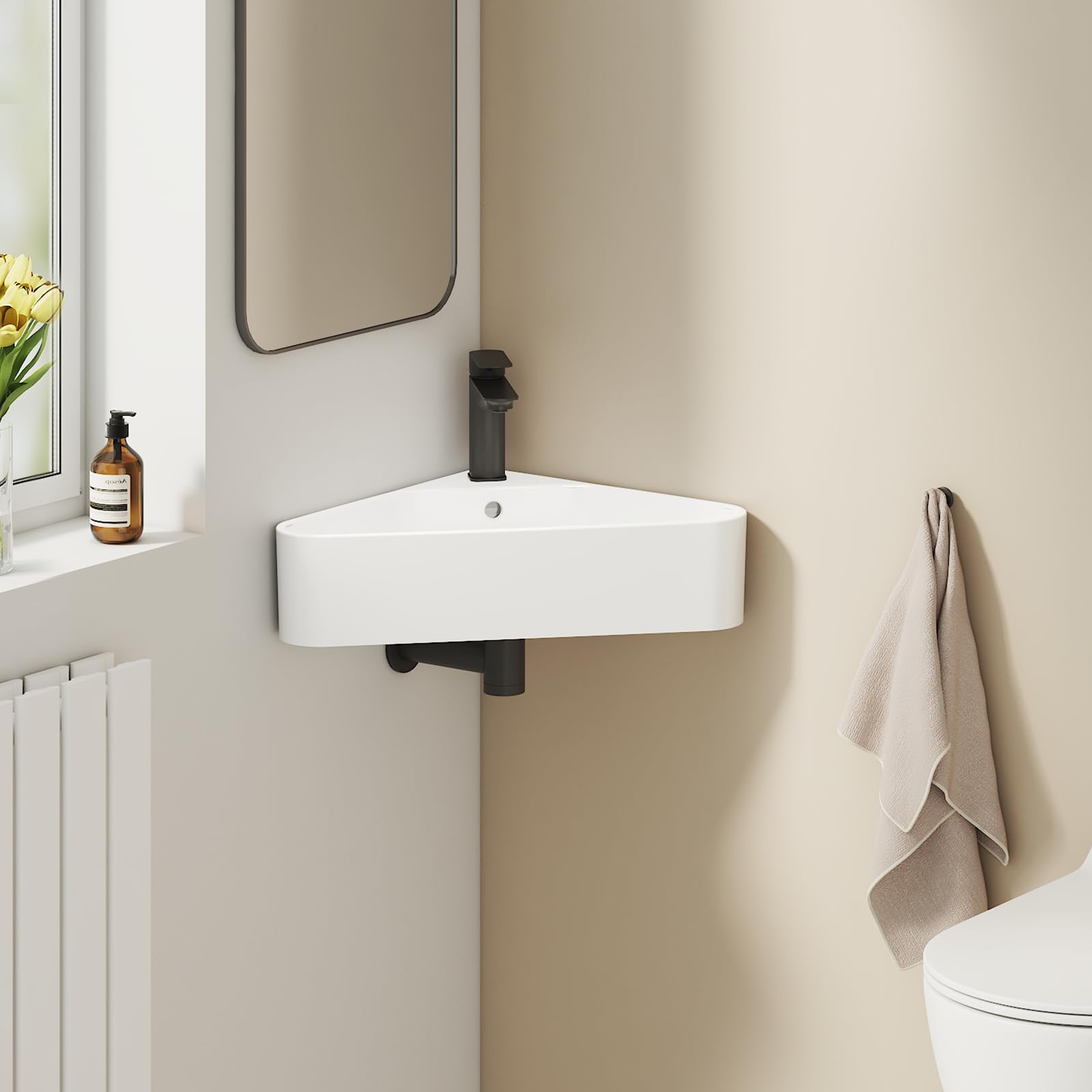 EMKE Pileta de cerámica 560x340x130mm,Blanco Brillante | Pequeño Lavabo Triangular de Pared – Lavabo Suspendido para Aseo o Baño Pequeño