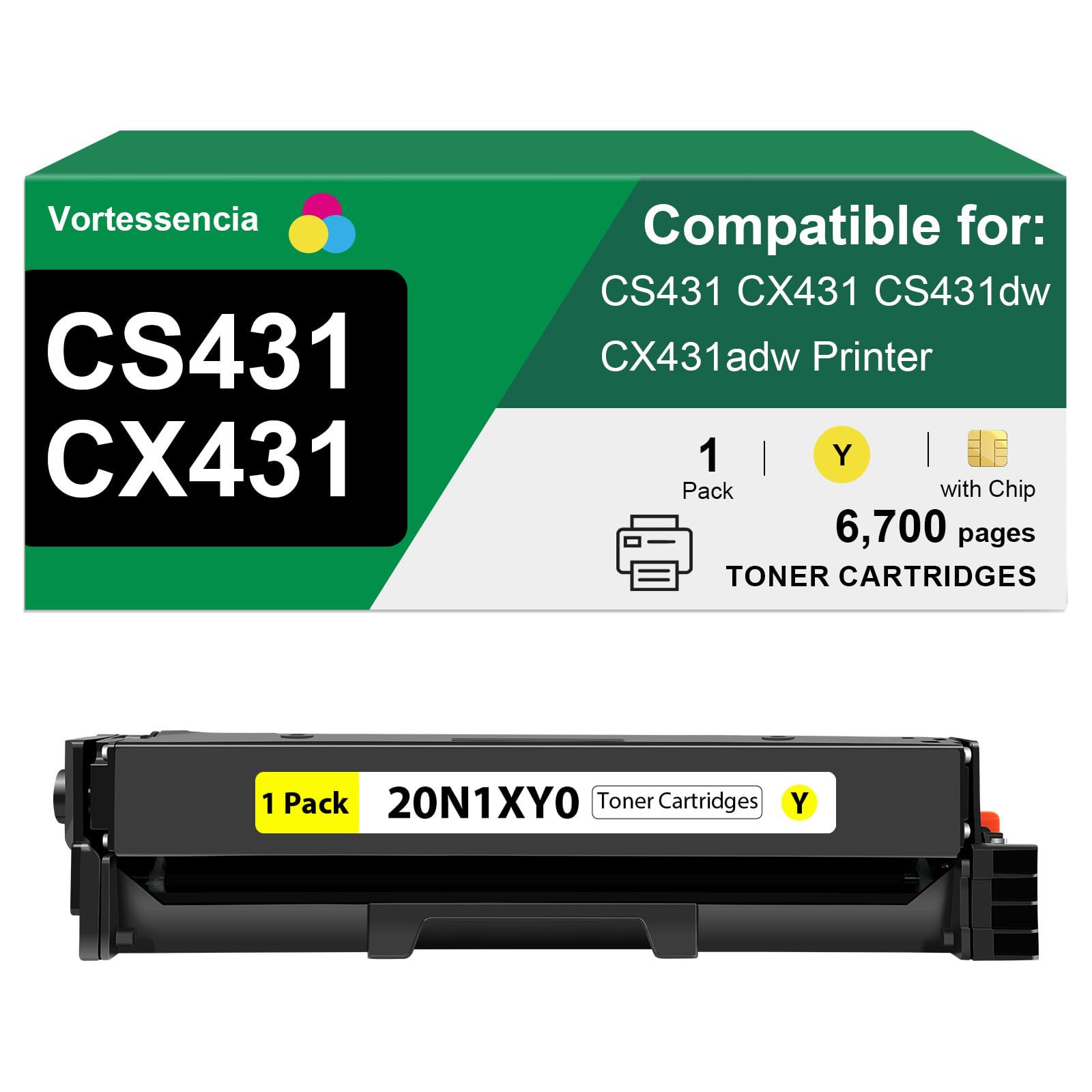 Vortessencia CS431 CX431 20N1XY0 Toner Cartridges(6,700 Pages) Compatible for Lexmark CS431 CX431 CS431dw, CX431adw Printer, 1 Pack,Yellow