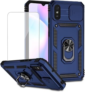 for Redmi 9A M2006C3LG/Redmi 9i M2006C3LII Case with Tempered Glass Screen Protector and Slide Camera Cover, Magnetic Ring Car Mount Holder Kickstand Protective Cover for Xiaomi Redmi 9A Blue