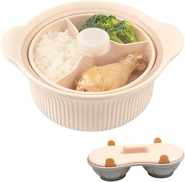 Microwave Silicone Steamer, 3-Compartment Vegetable Steamer with Egg Cooker, Food Grade Silicone Basket for Microwave Oven Cooking Beige