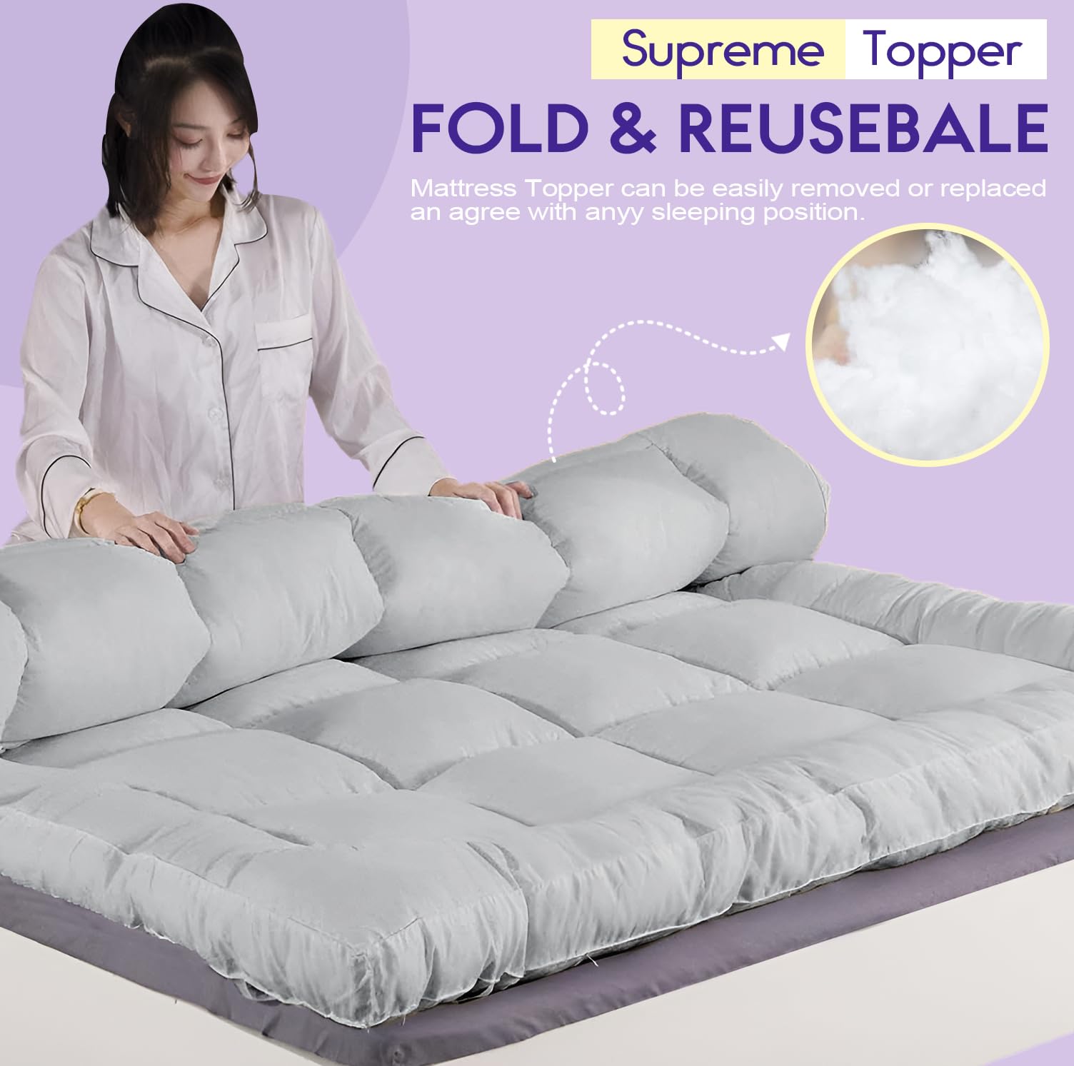 Linens World Mattress Topper Double Bed 10cm Thick, Quilted Super Soft Microfiber Topper, 1200GSM Anti-Allergy Fiber Fill, Washable with Strong Elastic Straps for Extra Comfort (137×190cm) — view 23