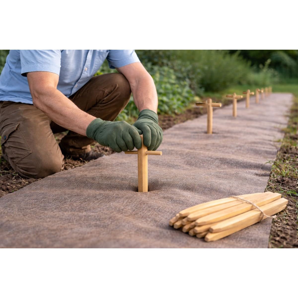 Kit de tela de acolchado de papel Kraft 0,9 x 20 m + 60 estacas de madera, fijación con pajillaje autodegradable, antimalezas jardín