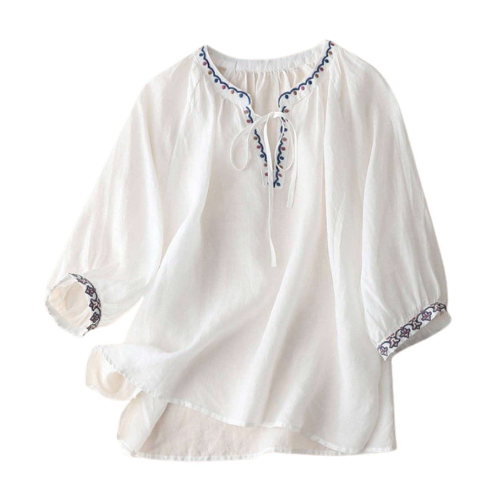 Summer Tops for Women 2025 Dressy Casual Linen Embroidery Blouse Crew Neck Tunic Elbow Sleeve Shirts Plus Size Tops