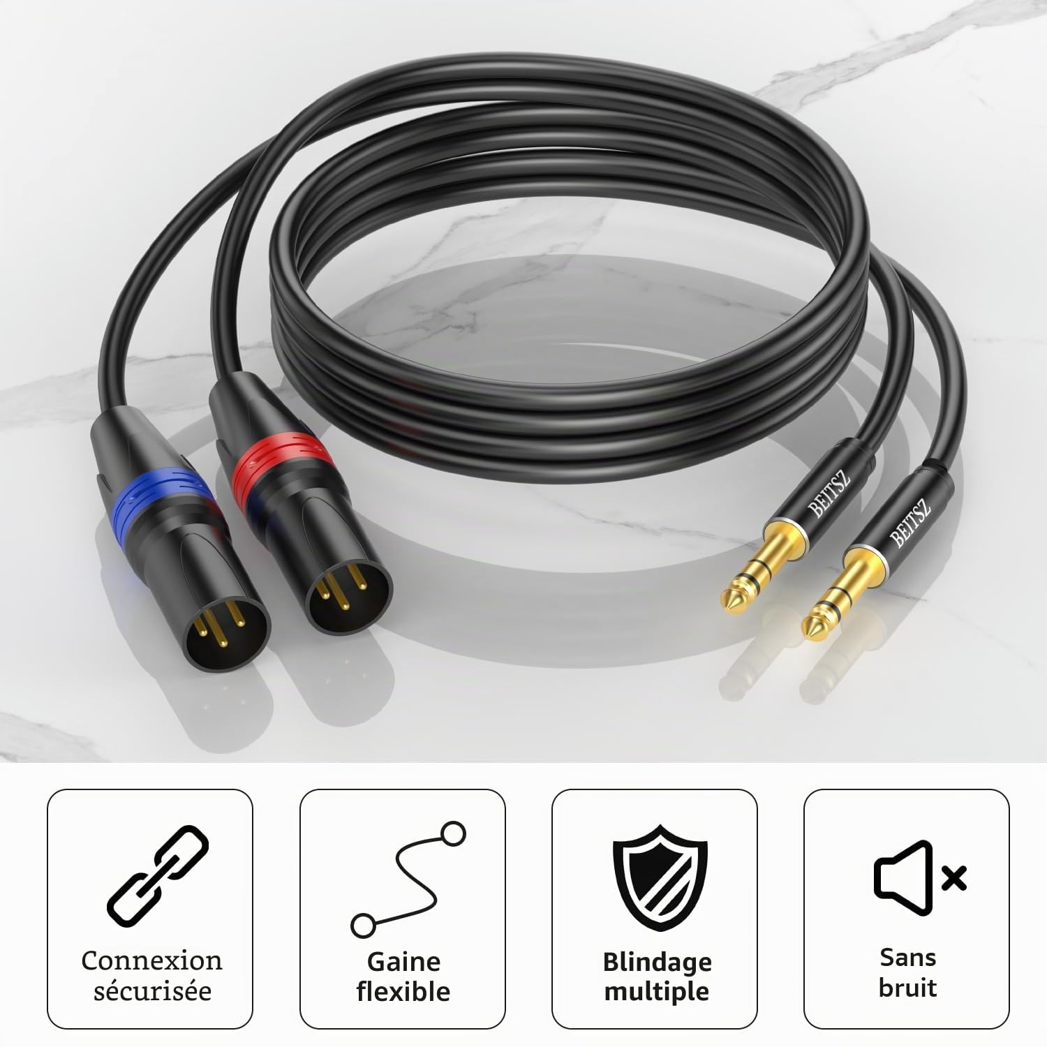 Câble XLR Jack, Câble XLR Mâle vers TRS 6,35 mm,pour Guitare, Hautparleur, Microphone, Amplifier, Carte Son (3M, 2Pack)