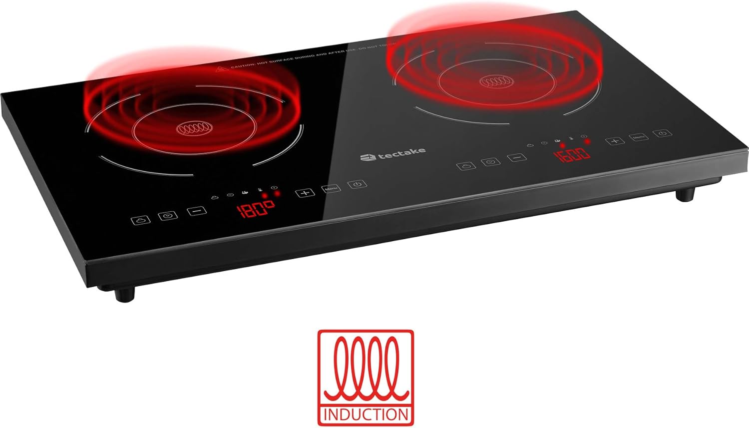 Tectake Double Induction Cooktop showing red glowing induction coils, indicating active heating.