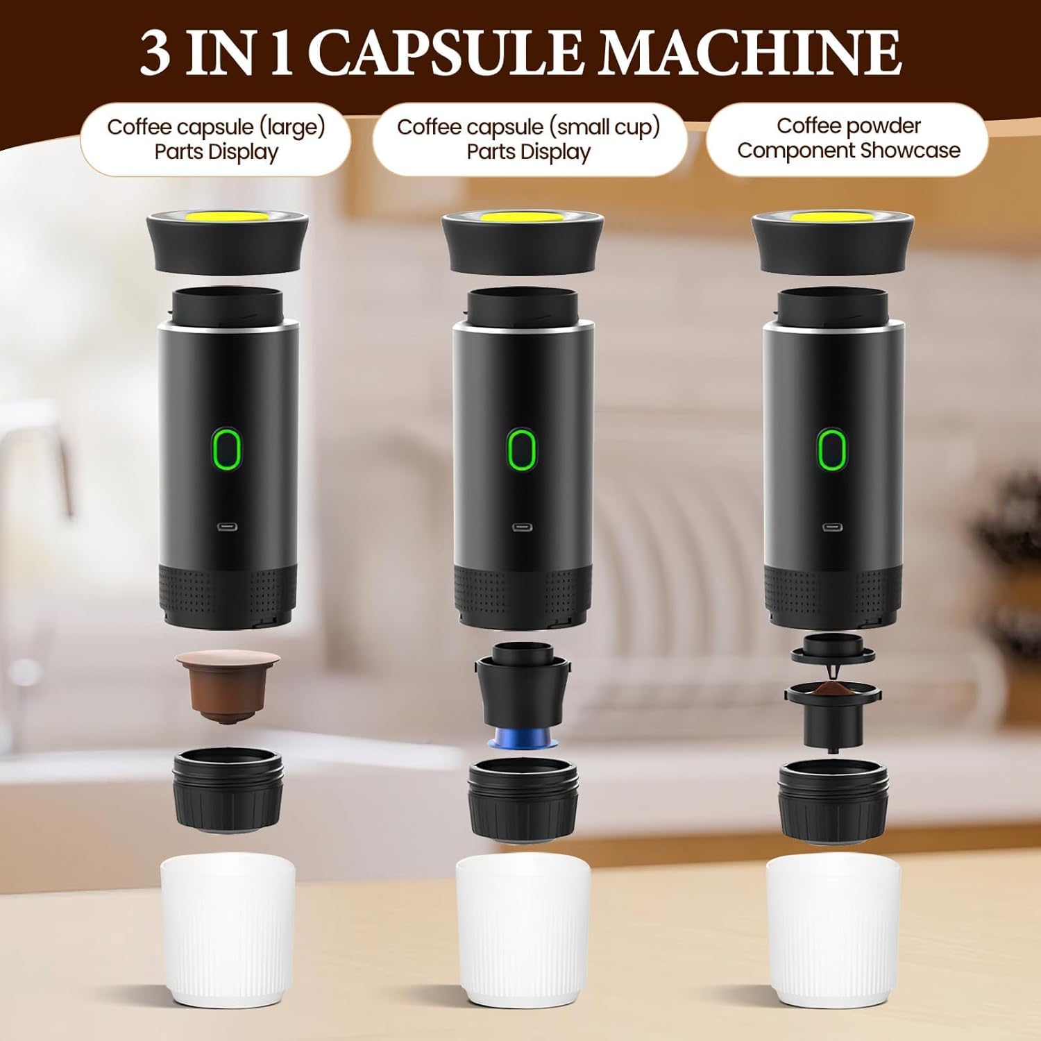 Generico 3 In 1 Macchina da Caffe Portatile, Macchina Caffè Portatile Multi Capsule, Macchina da Caffè Espresso Riscaldamento Rapido, Caffettiera Portatile Per Ufficio, Casa (Bianco)