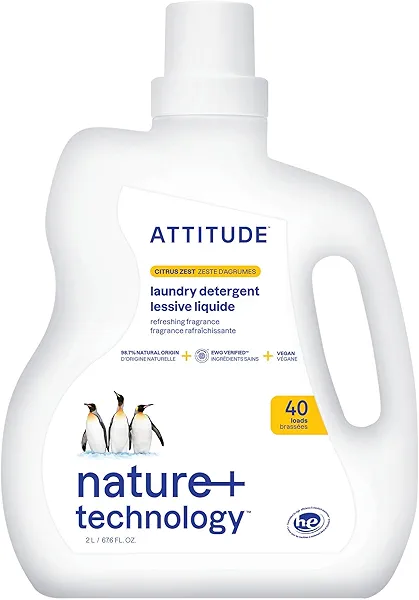 ATTITUDE Liquid Laundry Detergent, EWG Verified, HE Compatible, Plant-Based & Vegan, Natural Laundry Soap, Citrus Zest Scent, 40 Loads, 67.6 Fl Oz