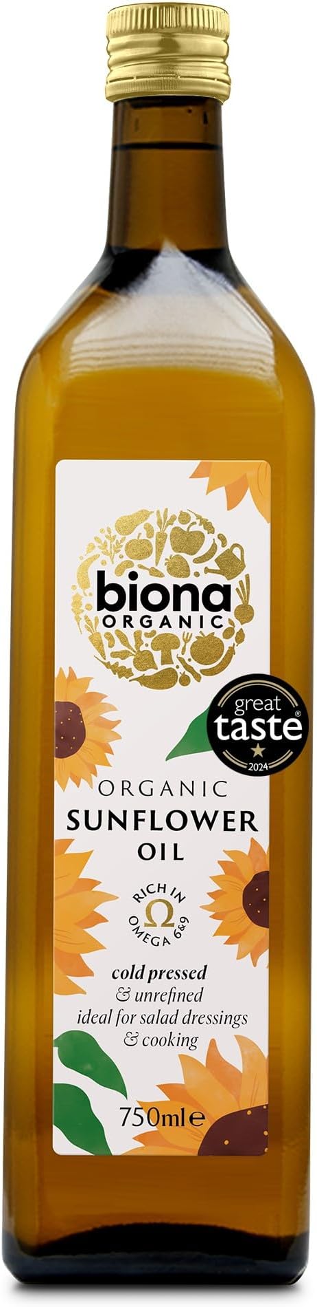 Biona Organic Sunflower Oil, 750ml - Great Taste Award 2024 Winner - Cold Pressed & Unrefined - From Organic Sunflower Seeds - Nutty & Golden - For Dressings & Low Temperature Cooking