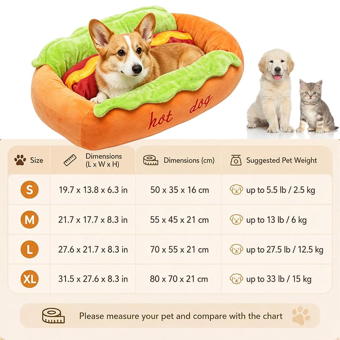 Cama Hot Dog para Perro Salchicha, Sofá de Peluche en Forma de Pan para Perros Pequeños y Gatos, Colchoneta Extraíble Lavable y Base Antideslizante (Hot Dog Bed,XL)