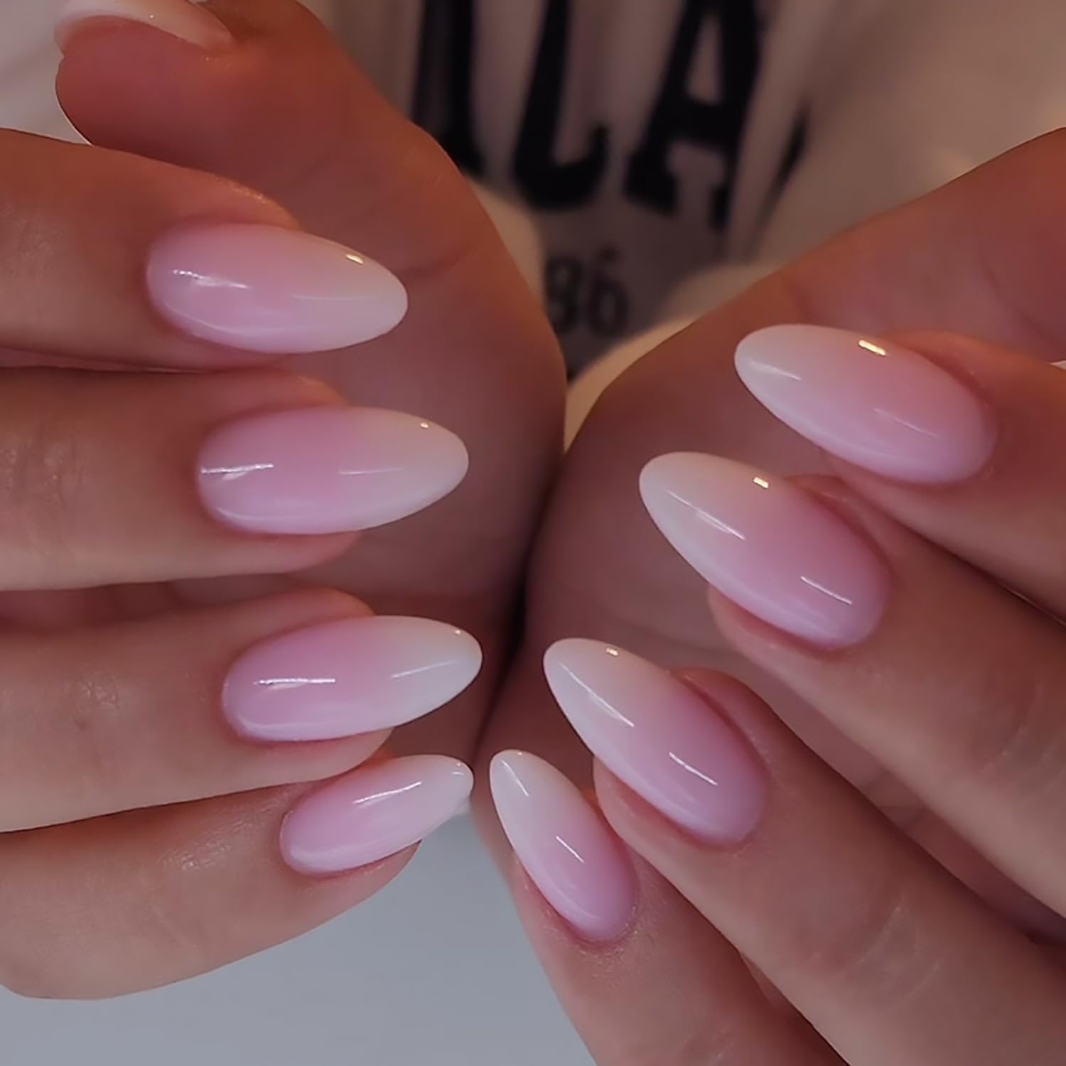 Tyuimhx Pink White Gradient Press On Nails - Medium Almond French Tip Glossy Full Cover Stick On Acrylic Ombre Artificial Nails 24 Pcs