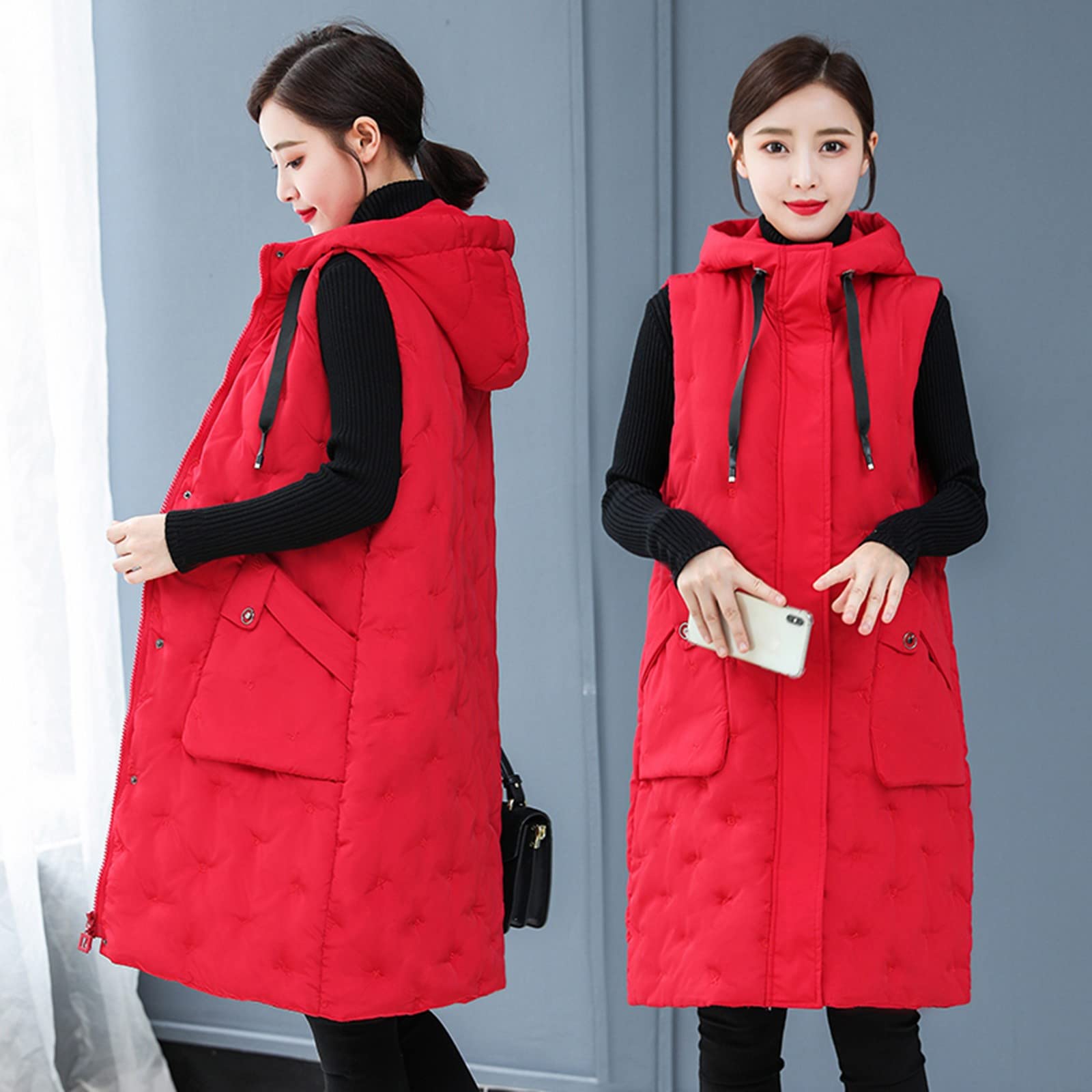 Chaleco con capucha para mujer de longitud media, chaleco acolchado con cremallera para mujer, chalecos casuales de moda de color sólido, chalecos versátiles ligeros y cómodos, chalecos cálidos con