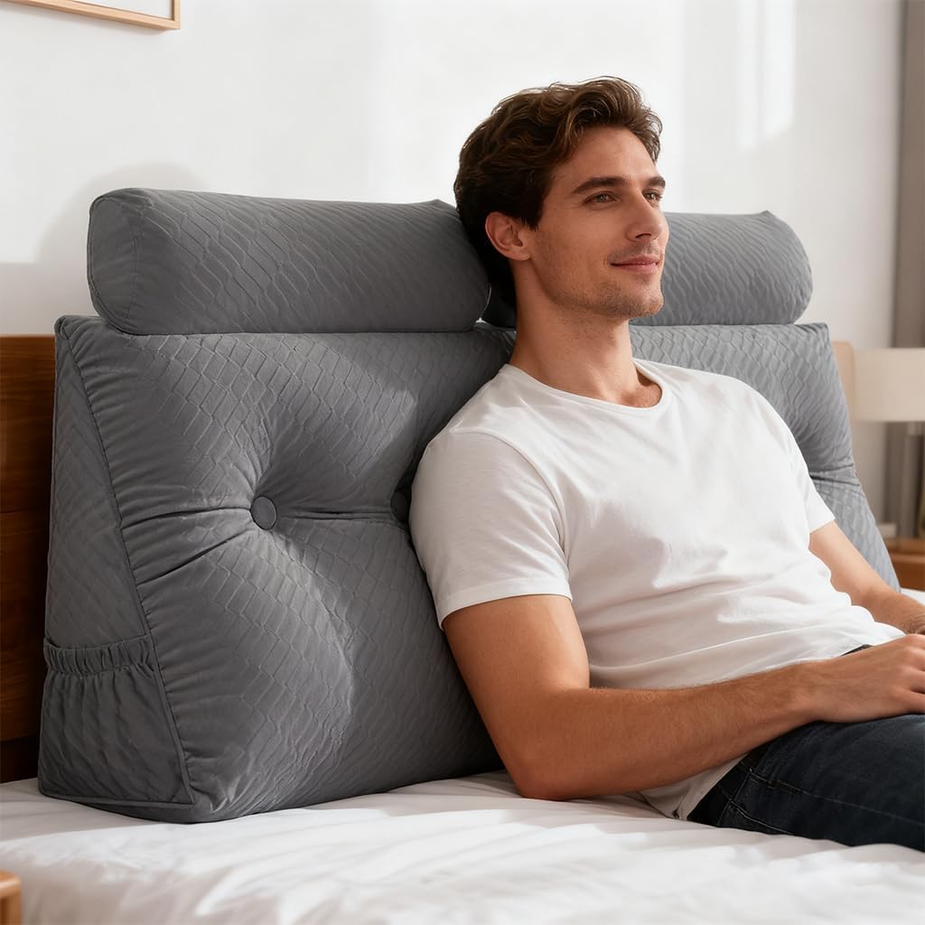 Velvet Triangular Headboard Wedge Pillow With Roll Pillow,Removable Cover Headboard Pillow Daybed Bunk Bed,Backrest Positioning Support Pillow Resting Reading Relaxing (Grey, King(76 * 20 * 8in))